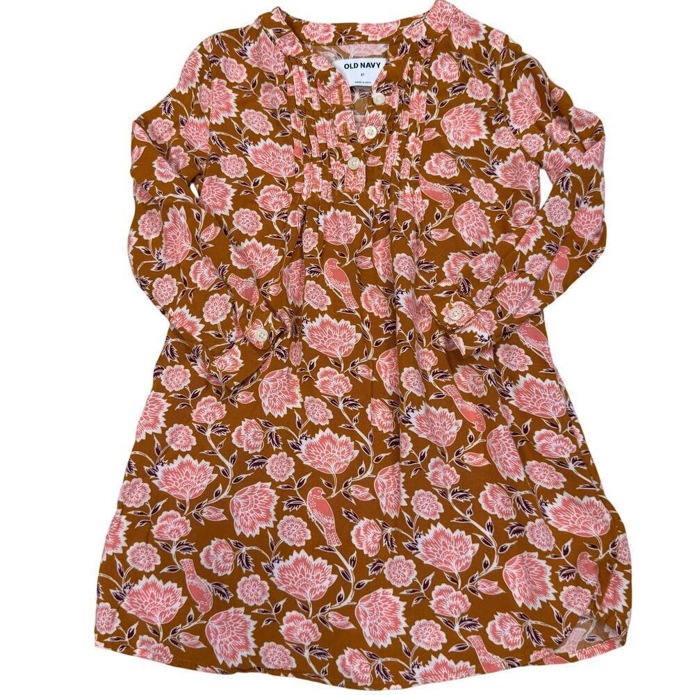 Old Navy Girls Floral Long Sleeve Dress Autumn Brown Pink Flowers Birds 3T